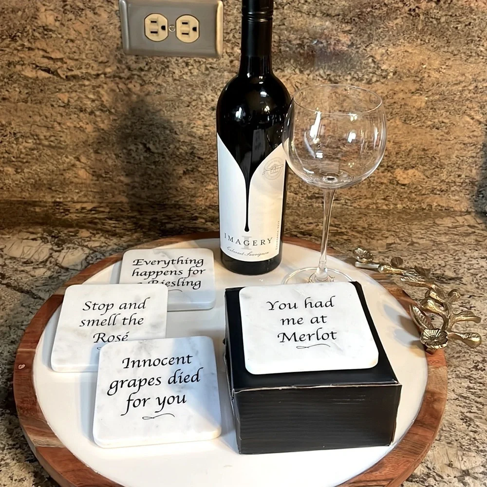 SOLID MARBEL COASTERS WINE lovers theme fun sayings nature stone set of 4 boxed